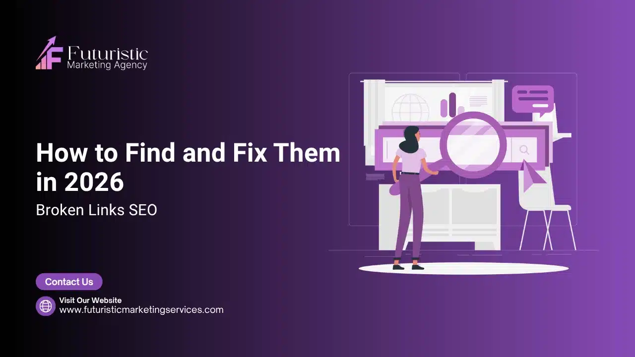 Illustration showing broken links SEO with 404 error pages, dead links, and process of fixing links to improve website performance