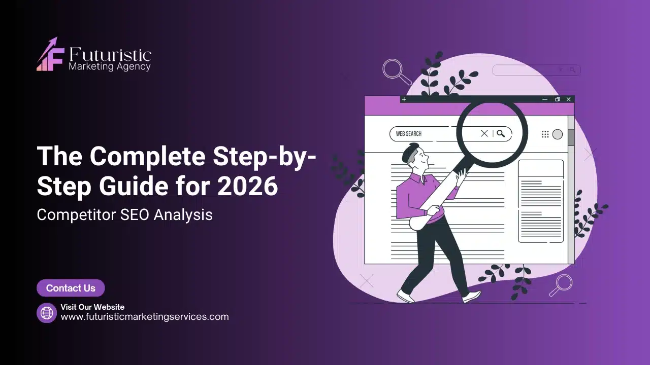 Illustration showing competitor SEO analysis with keyword research, backlink comparison, and content gap analysis to improve rankings