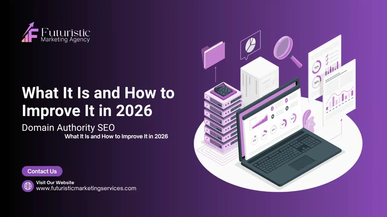Illustration showing domain authority SEO with website authority score, backlinks growth, and strategies to improve ranking strength