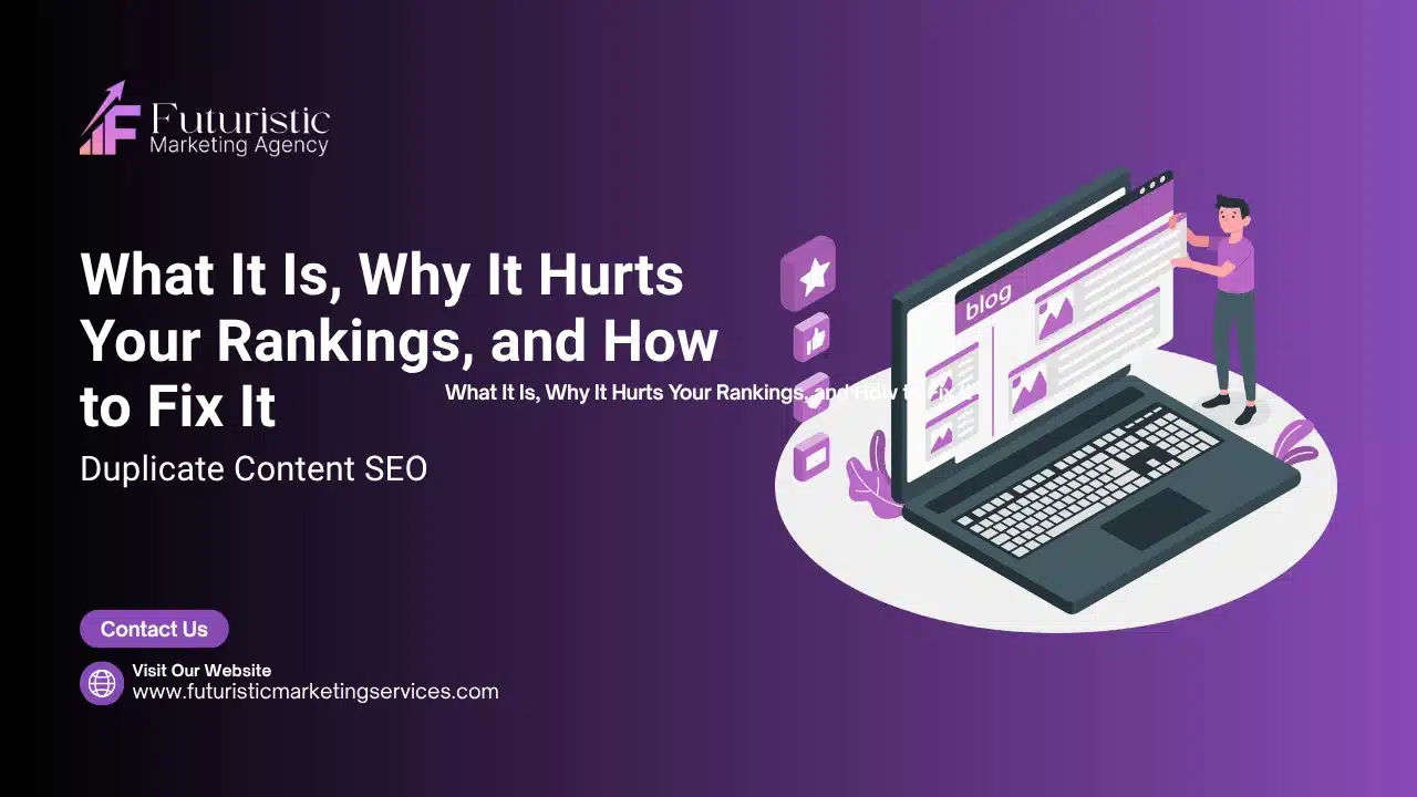 Duplicate content SEO diagram showing canonical tags, redirects, and fixes for duplicate and near-duplicate content issues