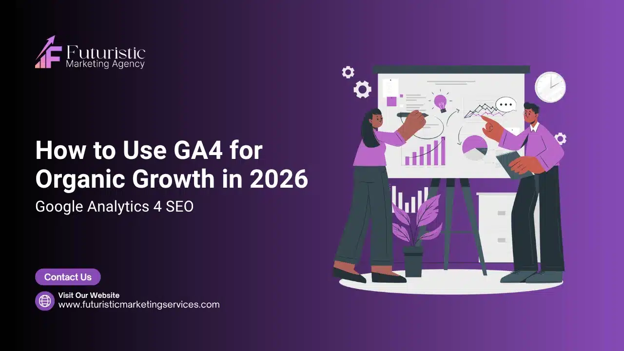 Illustration showing Google Analytics 4 SEO dashboard with organic traffic data, landing page report, and user engagement metrics