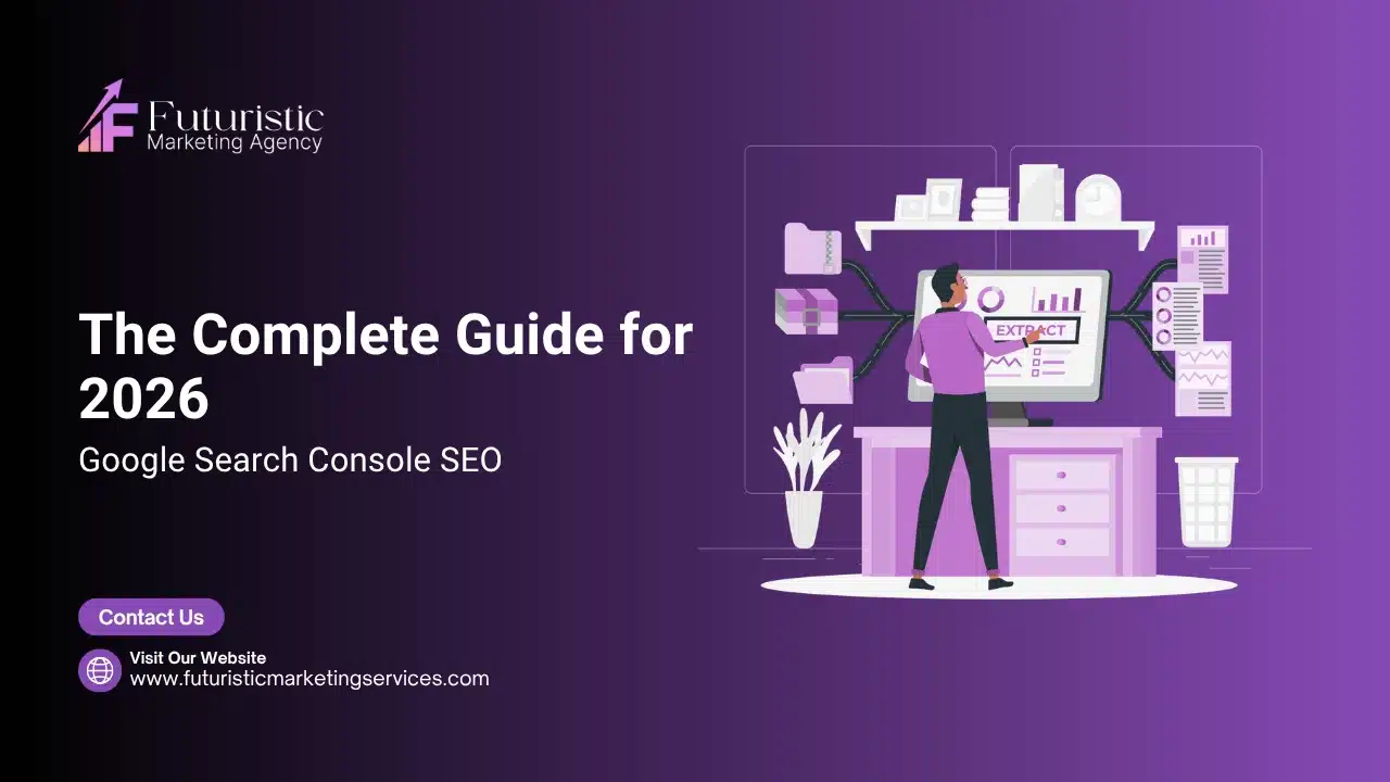 Illustration showing Google Search Console SEO dashboard with performance report, indexing status, and search analytics data