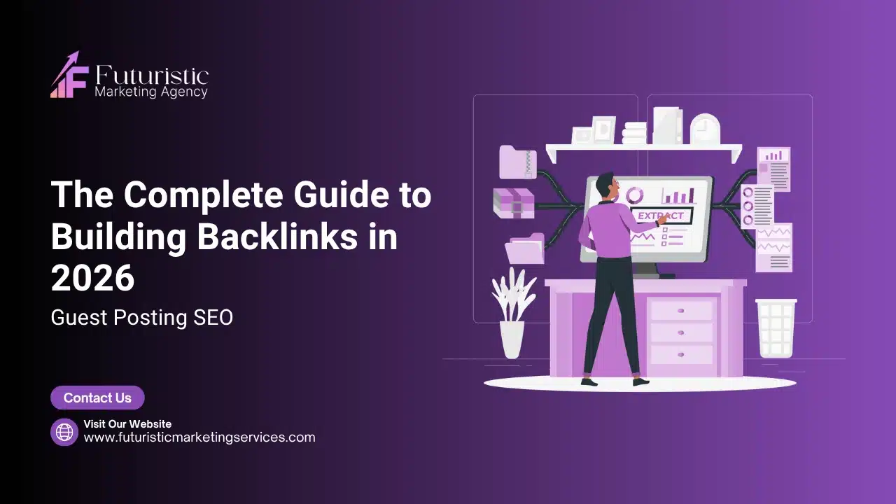 Illustration showing guest posting SEO with outreach process, backlinks from high authority websites, and content publishing strategy