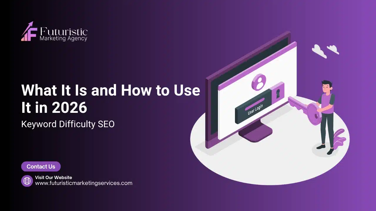 Illustration showing keyword difficulty SEO with KD score, competition levels, and analysis of keywords for ranking opportunities