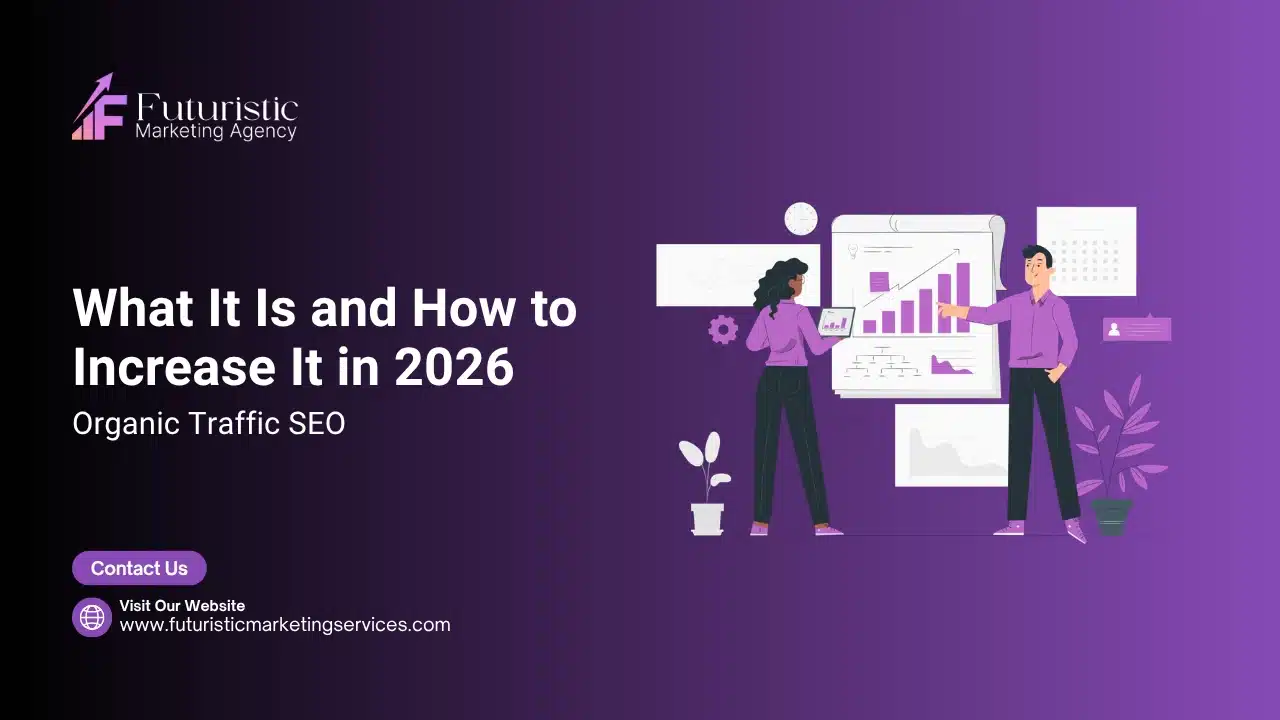 Illustration showing organic traffic SEO growth with increasing search traffic, keyword rankings, and website visitors over time