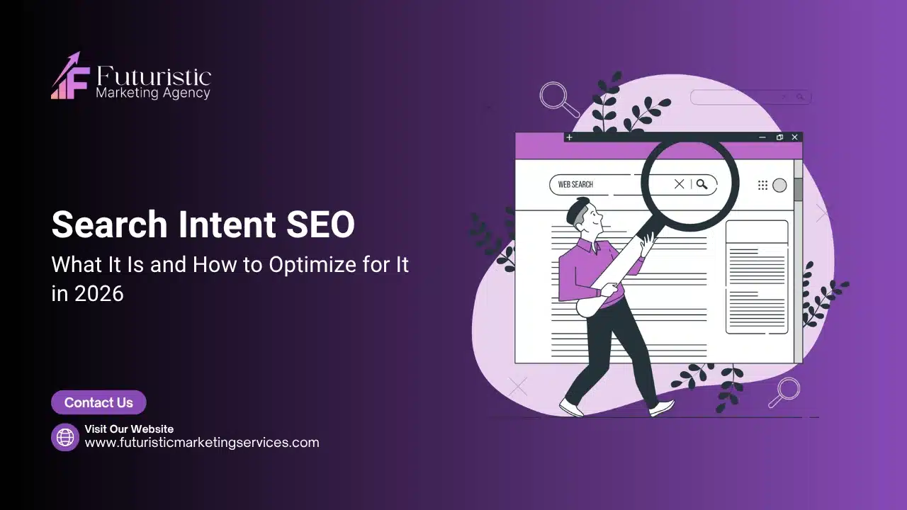 Diagram showing search intent SEO with informational, navigational, transactional, and commercial intent types mapped to content strategy