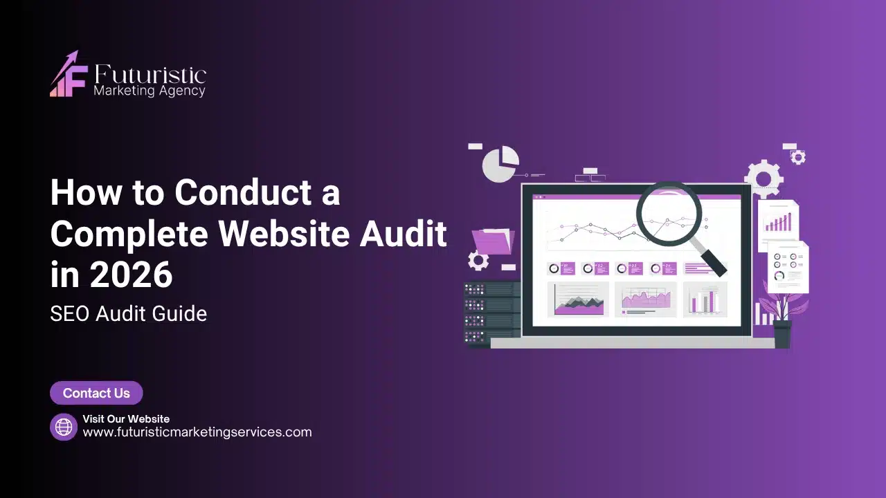 Illustration showing SEO audit guide with website checklist, technical audit, content analysis, and performance optimization steps