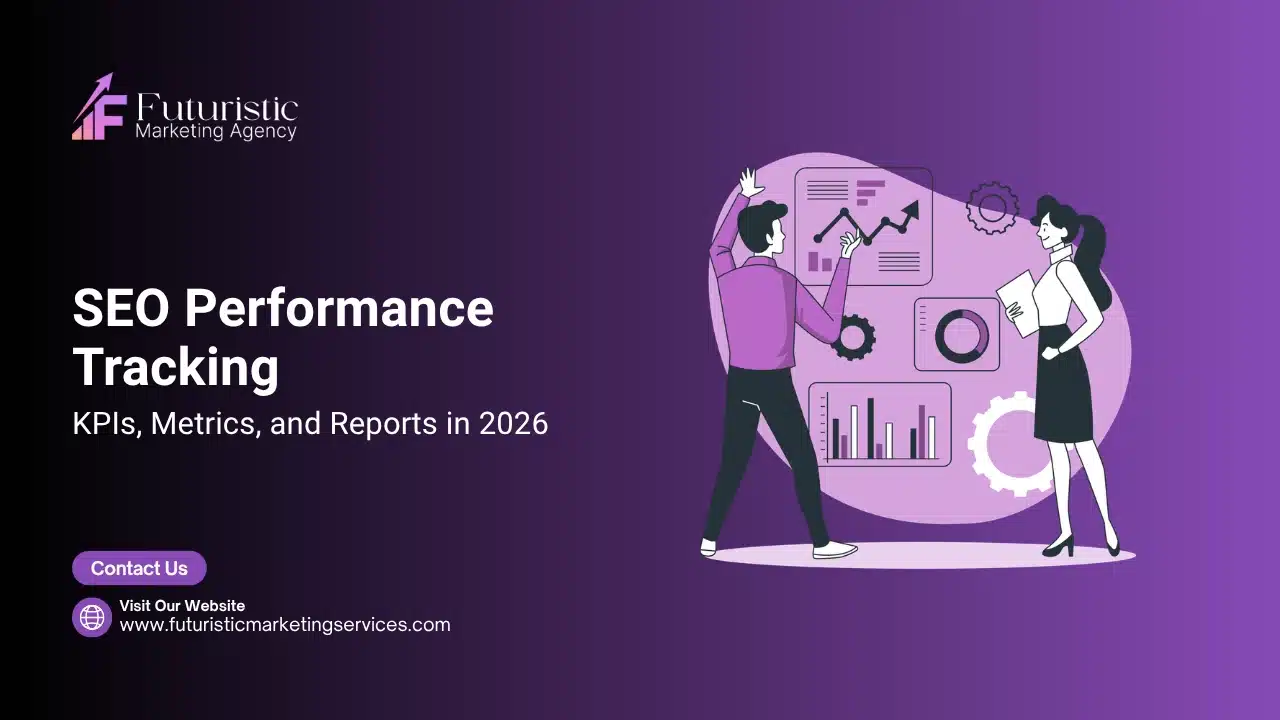 Illustration showing SEO performance tracking dashboard with KPIs, traffic metrics, rankings, and reporting data